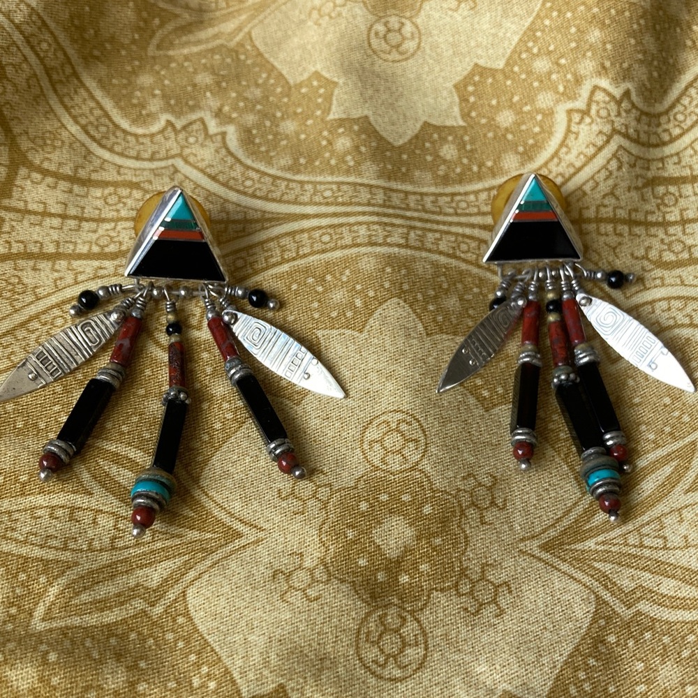 Vtg 90’s Tabra Sterling Silver, Turquoise, Coral, Onyx Dangle Earrings, Signed - Picture 3 of 8